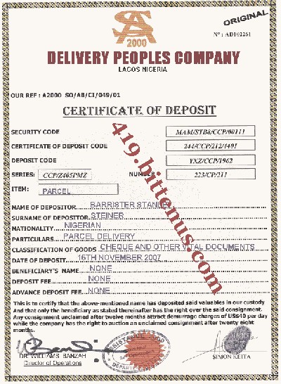 Delivery peoples company parcel deposit certificate